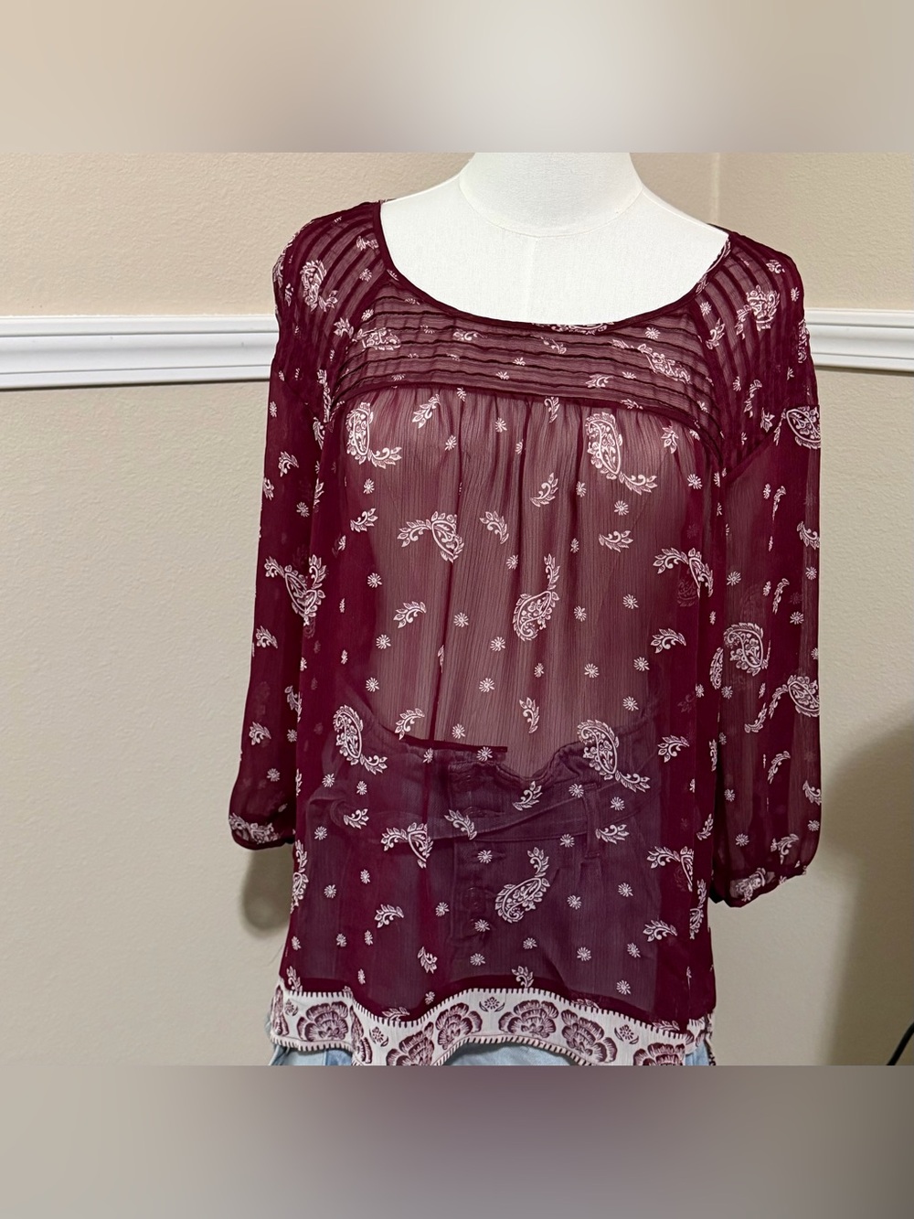 LC Lauren Conrad Sheer Paisley Blouse - Burgundy